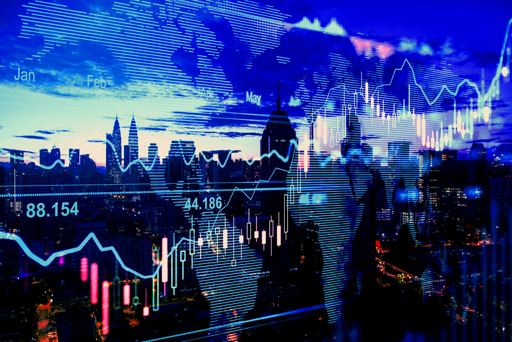 Wykresy cen akcji na tle miasta jako symbol giełdy